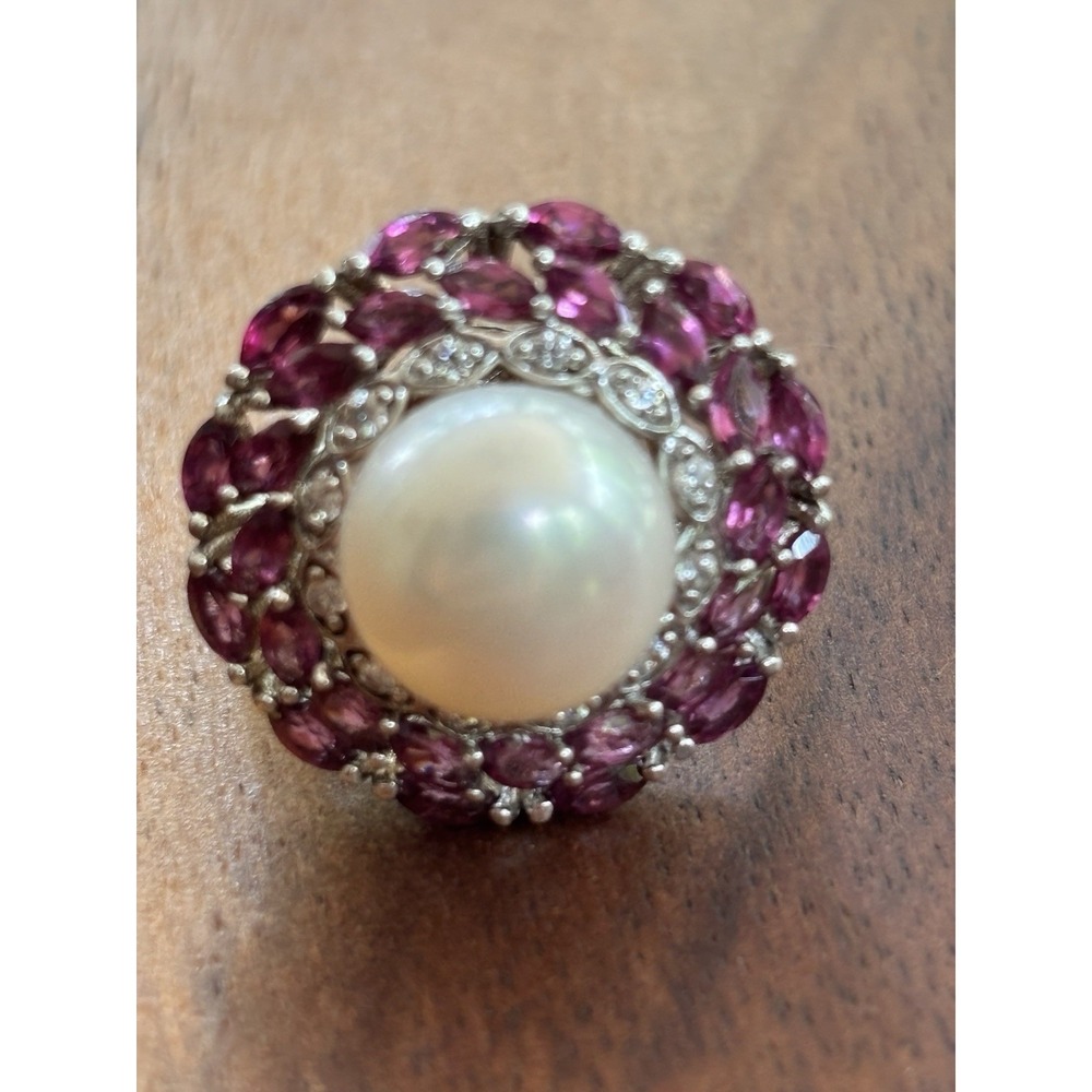 BBJ Cultured Freshwater Pearl Garnet And Zircon Rhodium Over Sterling Ring Sz 8